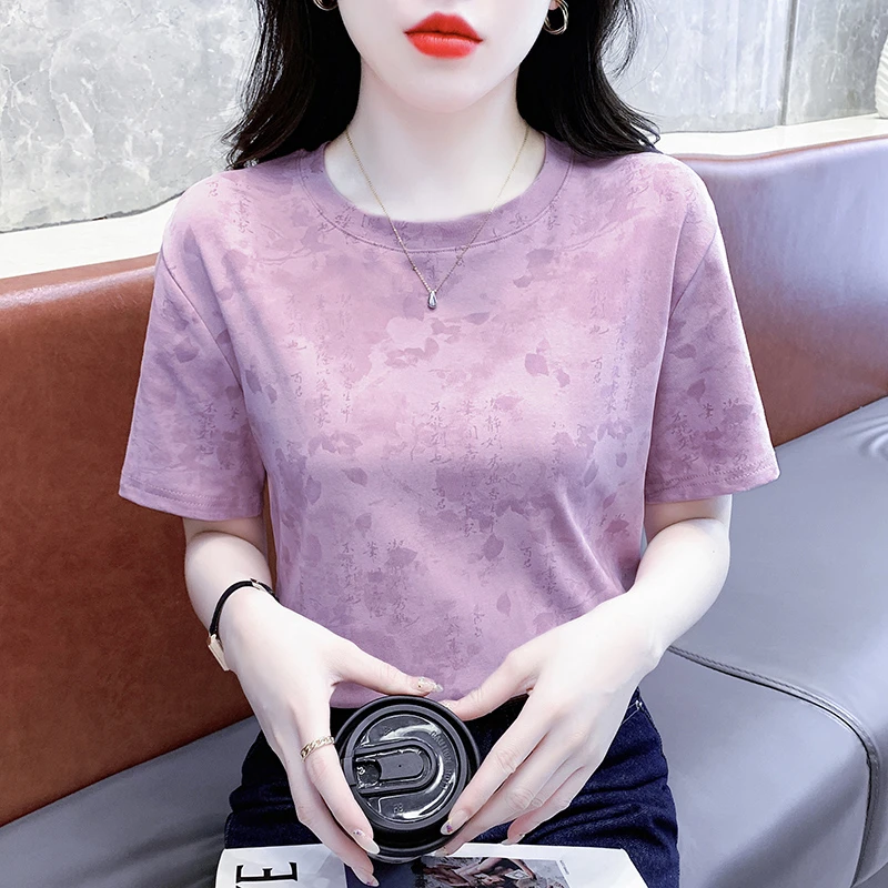 复古时尚圆领设计T恤夏季洋气新款短袖宽松显瘦百搭气质上衣爆款