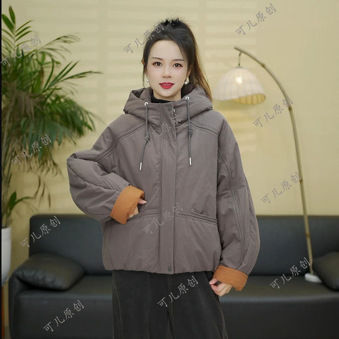 冬季新款保暖纱卡棉时尚百搭休闲连帽夹棉外套女士棉衣