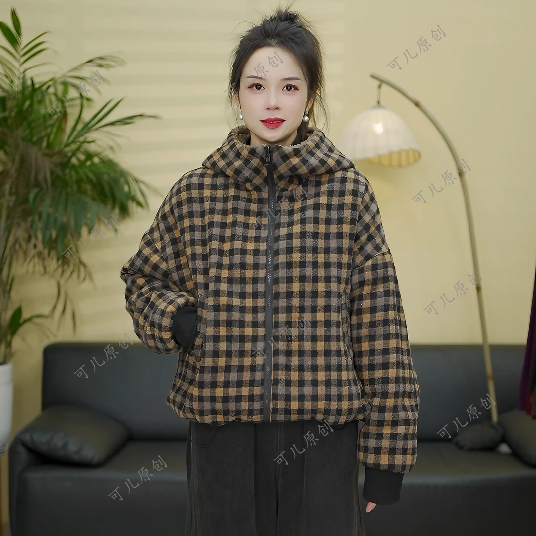 冬季新款加绒加厚色织格子款经典休闲女士双面穿外套棉服