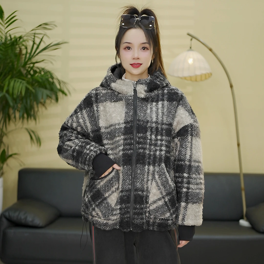 冬季新款加绒加厚外套女士棉服双面穿大格子连帽外套百搭休闲