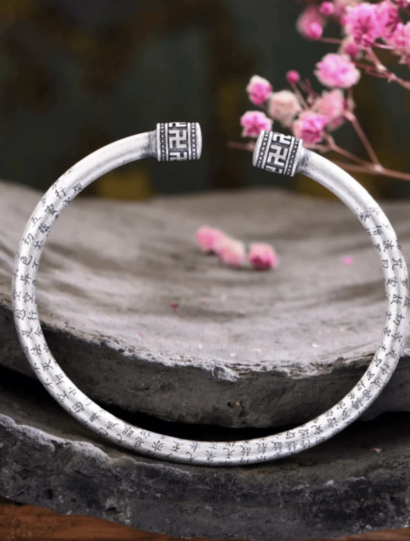 足银手镯 复古做旧心经 开口手镯 足银9999（A71）