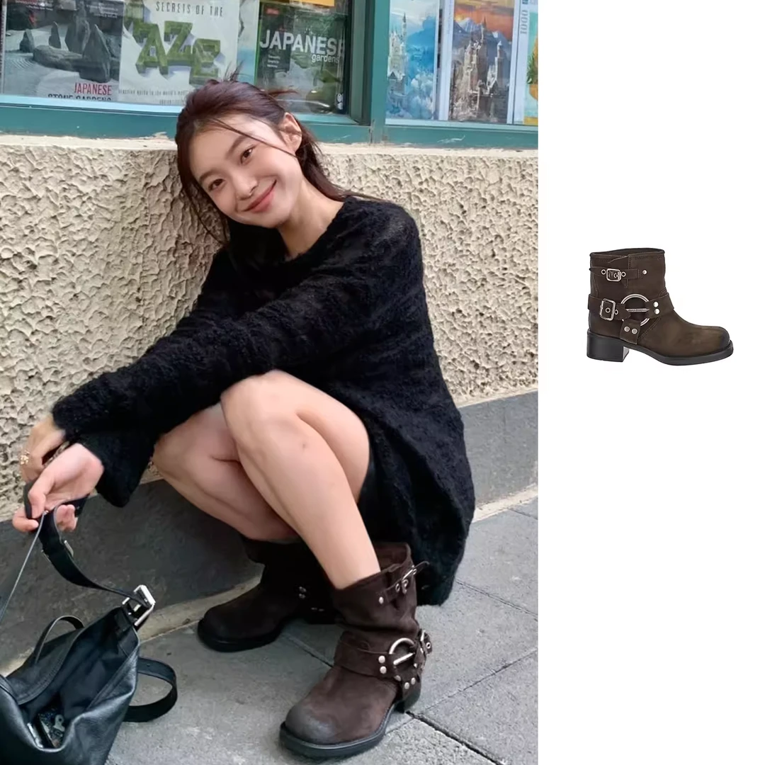 全新未使用 MIU MIU/缪缪 棕色麂皮复古骑士短靴 正码