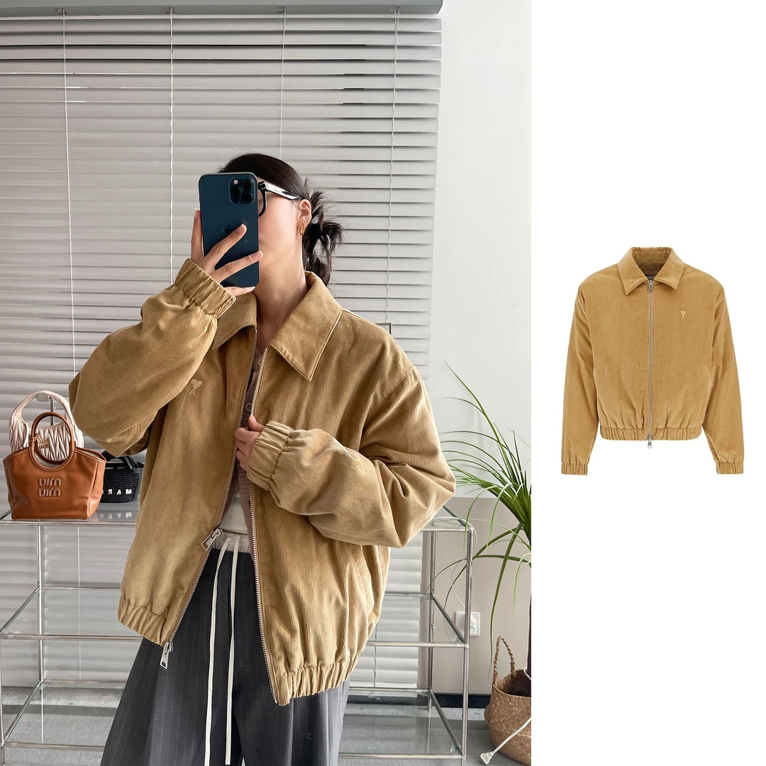全新未使用  AMI PARIS 卡其色徽标灯芯绒夹克 HJK037-CO0089-255
