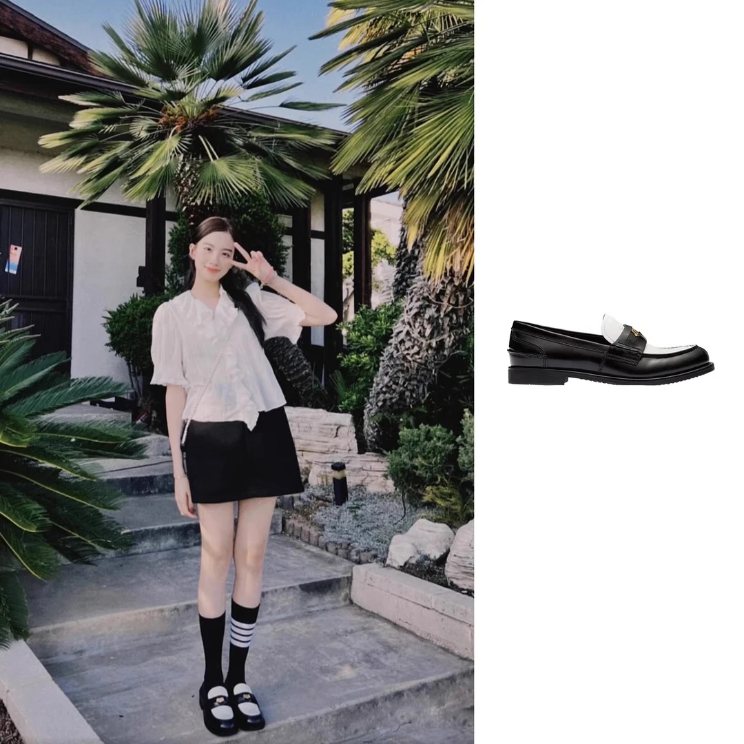 全新未使用 MIU MIU/缪缪 黑白拼色金币装饰乐福鞋 正码 5D773D