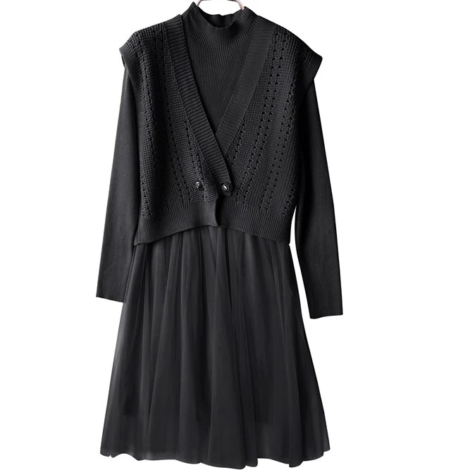 QX1ND09A06007连衣裙显瘦气质拼接长袖显瘦针织