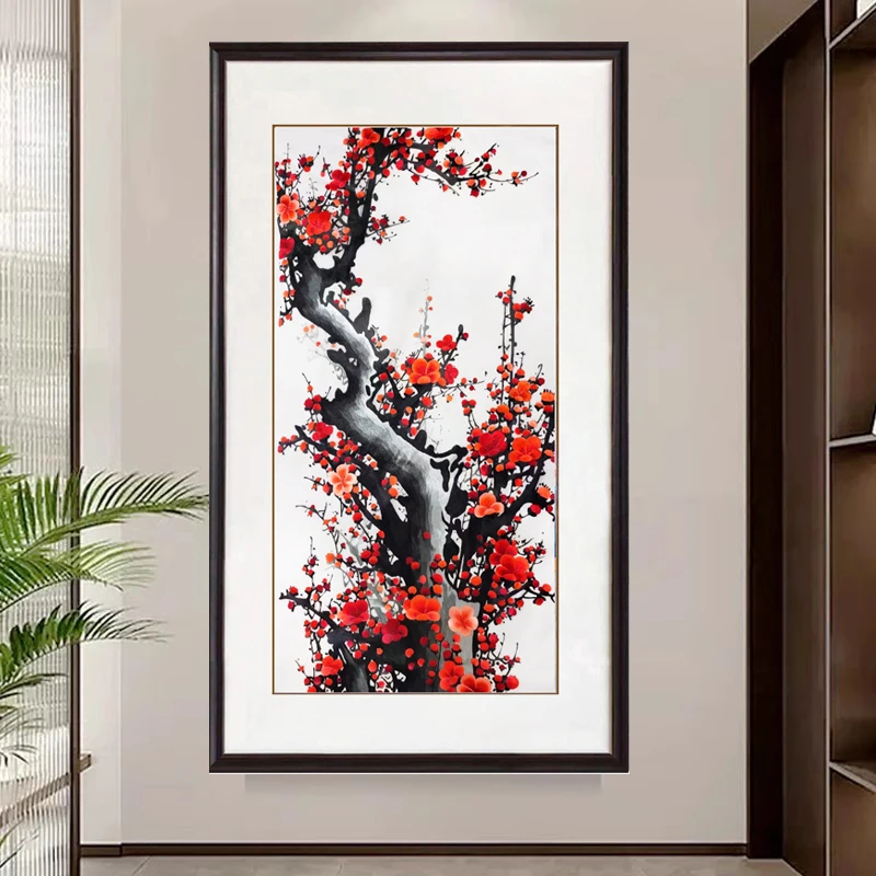 苏绣玄关竖版成品挂画梅花纯手工刺绣装饰画报春图真丝新中式