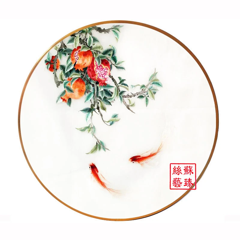 苏绣成品挂画纯手工刺绣圆形事事如意柿子荔枝石榴玄关中式装饰画