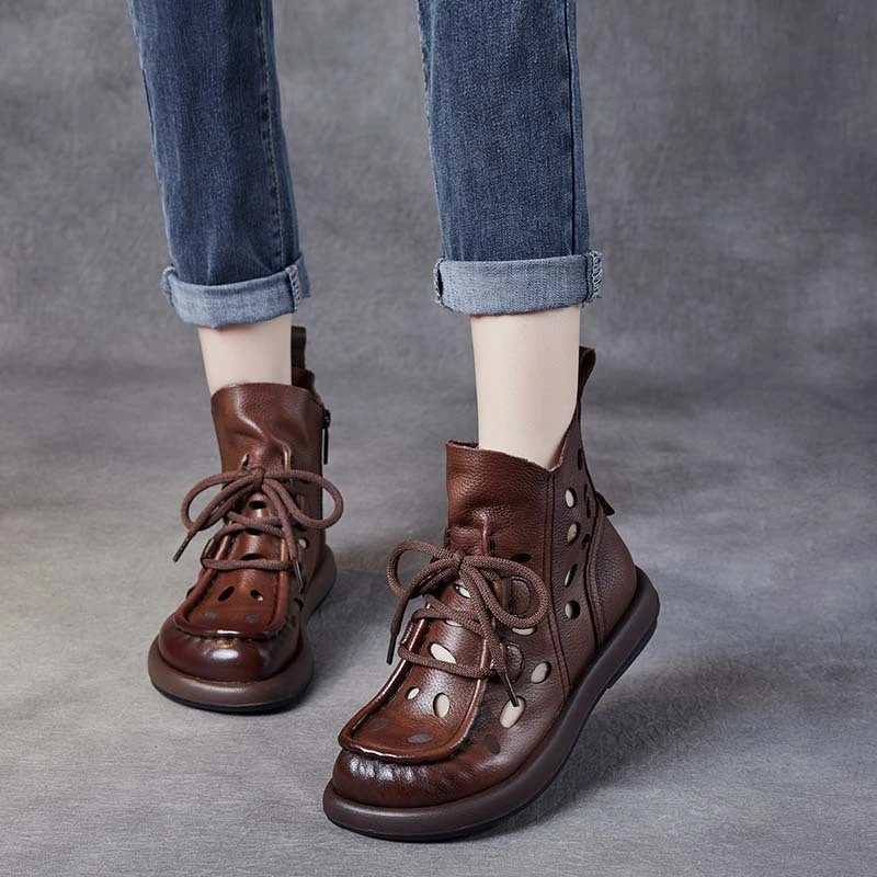 夏季真皮女鞋镂空厚底短靴软底凉靴女复古真皮女士凉鞋透气洞洞鞋