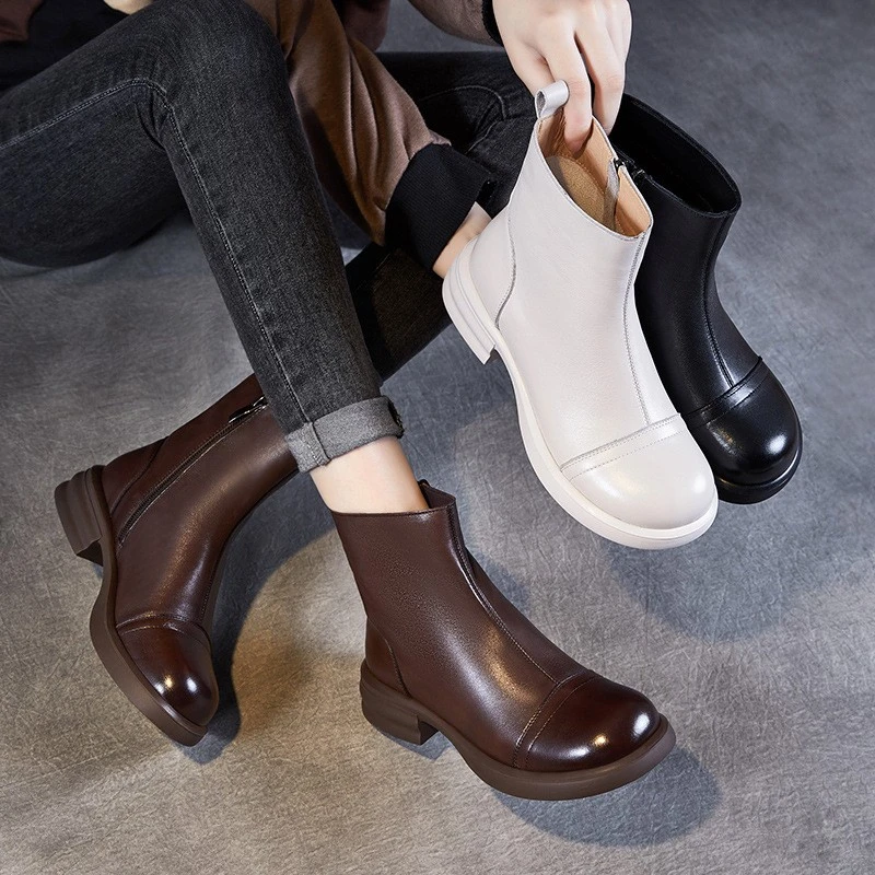 真皮女靴百搭女款英伦马丁靴厚底中筒靴瘦瘦靴粗跟小短靴复古女鞋