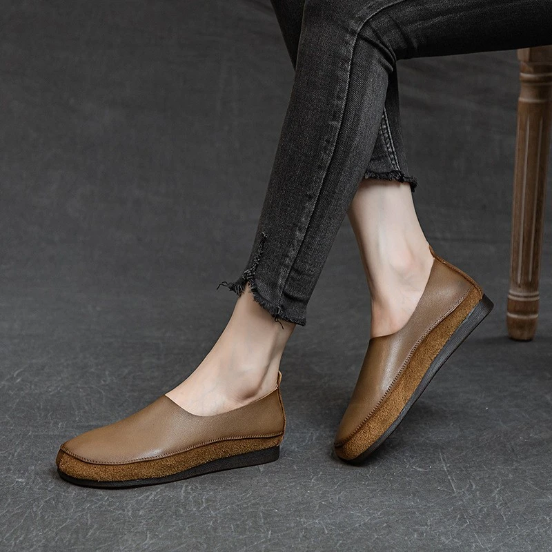 复古手工女单鞋秋季新款奶奶皮鞋一脚蹬软底软面头层牛皮文艺女鞋