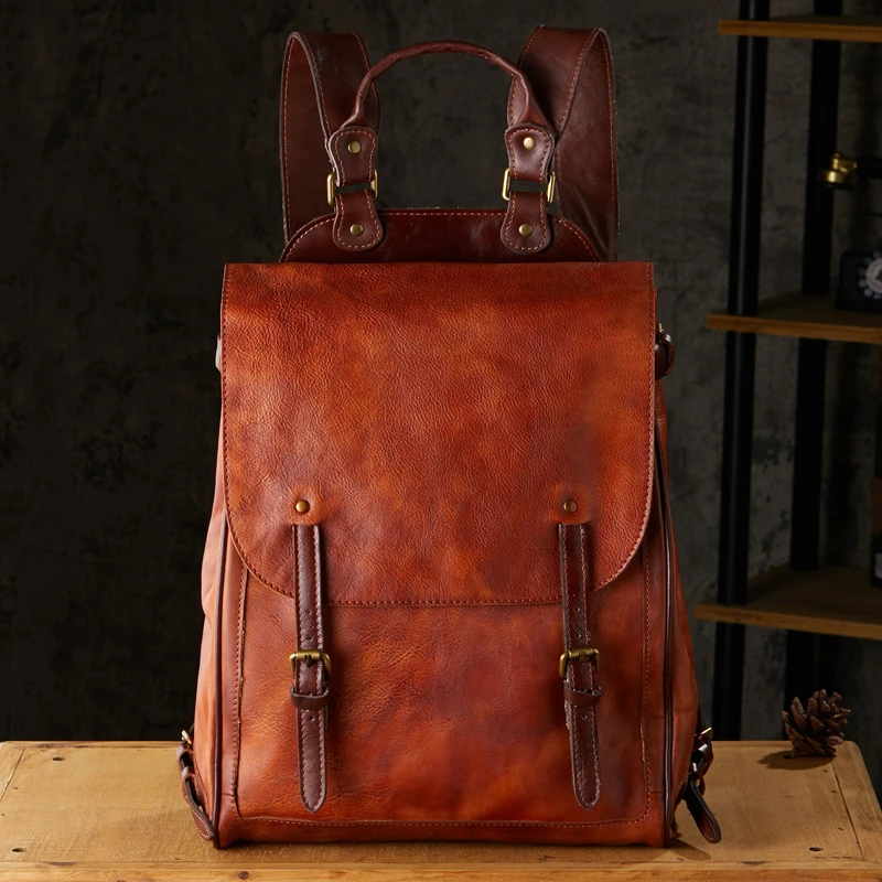 原创手工植鞣牛皮背包大容量男士真皮欧美风休闲双肩包撞色新款潮