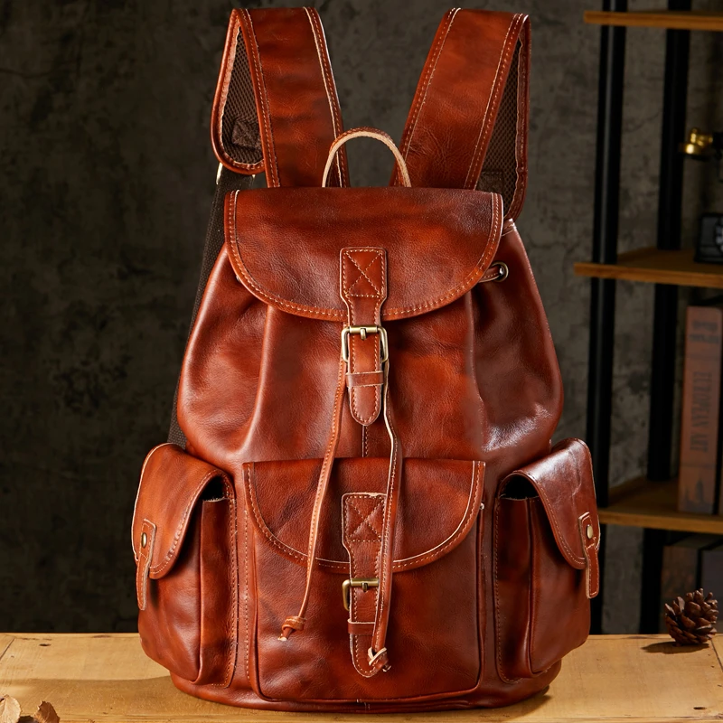 手工擦色植鞣皮双肩包男士复古头层牛皮背包个性机车包真皮电脑包