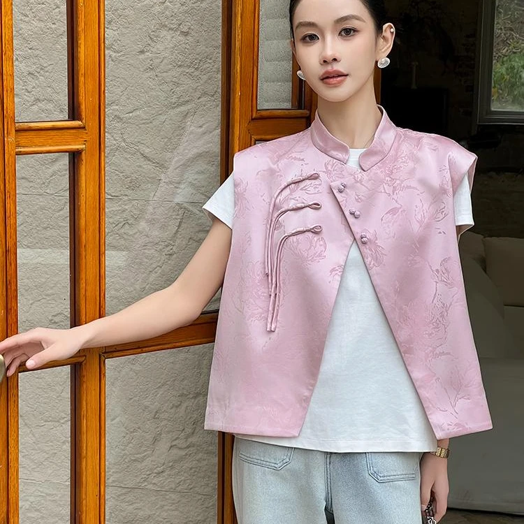 【特卖捡漏】美洋MEIYANG桃花酿马甲薄荷曼波中式提花缎盘扣上衣