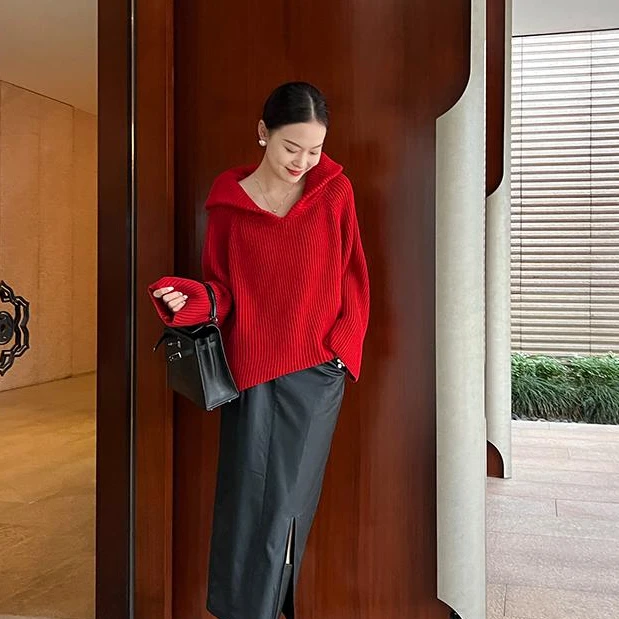 【现货】美洋MEIYANG正当红毛衣混纺海军领棒织V领宽松针织衫【龙年】