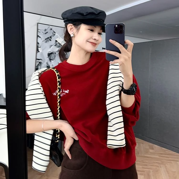 【现货】美洋MEIYANG暖阳防风卫衣字母刺绣圆领休闲宽松红色龙年ins