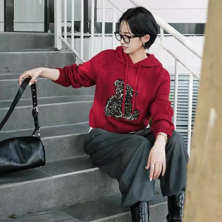 【现货】美洋MEIYANG小熊毛衣可机洗羊 毛|亮片提花连帽圆领 针织衫