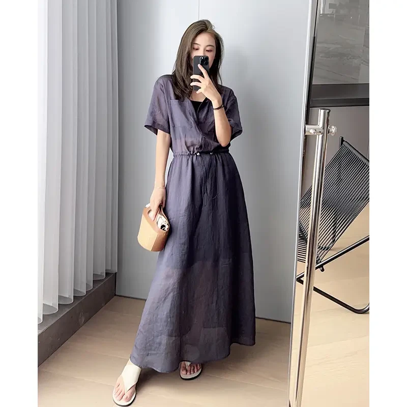 【现货】美洋MEIYANG黛丝苎麻连衣裙利落率性翻领抽绳腰长裙显瘦ins