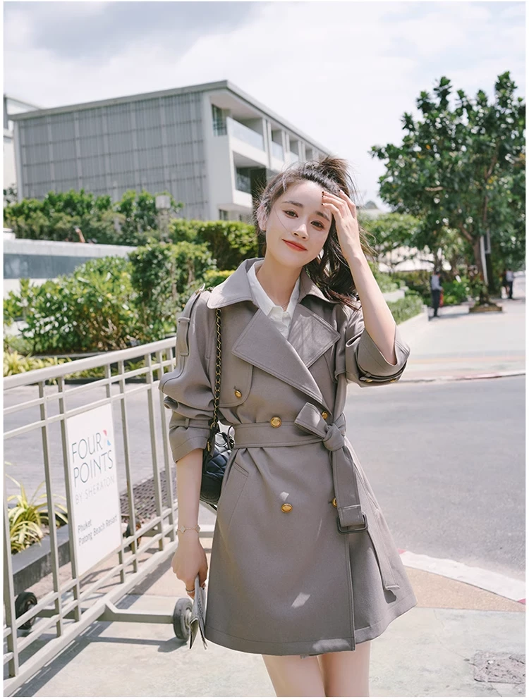 短款2612春秋气质时尚过膝显瘦秋季风衣外套女宽松韩版英伦风双ol