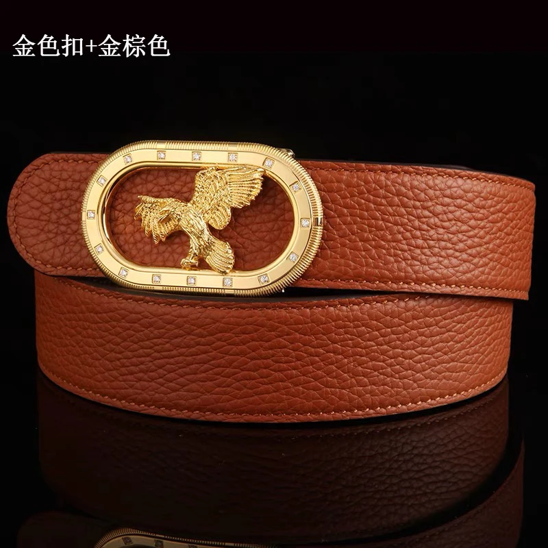 新款史蒂芬豹头鹰头荔枝纹头层牛皮男装裤腰带镶钻镀金扣商务皮带