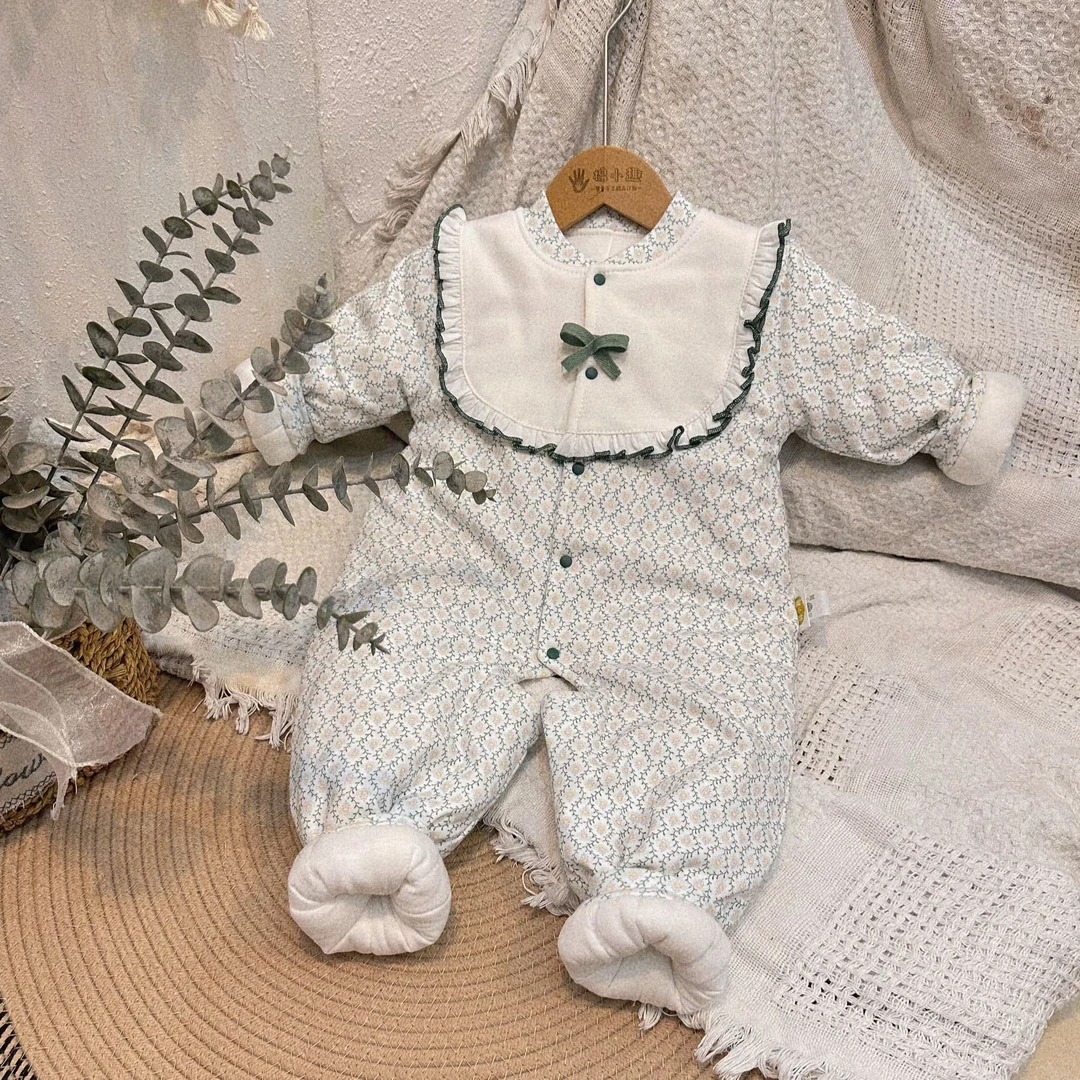 森系绿色蕾丝碎花200克棉花衣婴幼童女宝洋气加厚冬季保暖透气