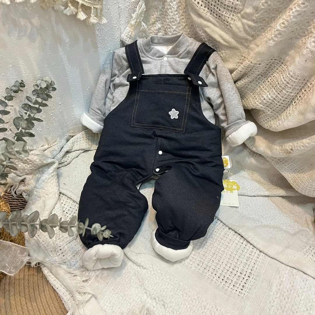 港式牛仔200克设计师款婴幼儿背带款棉花衣加厚保暖可爱洋气