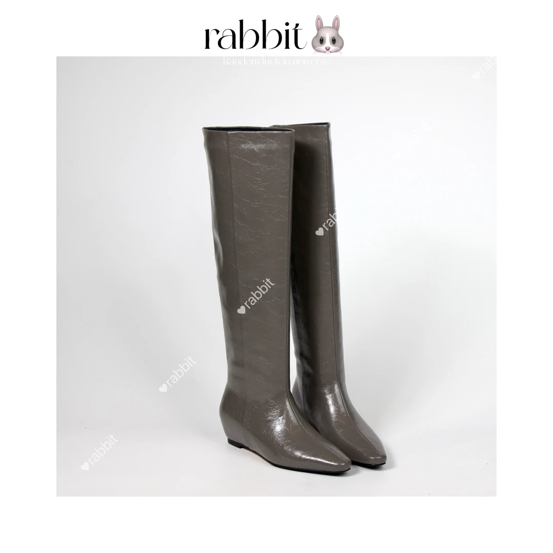 兔子plus | 新款真皮方头平底内增高直筒骑士靴法式长筒靴