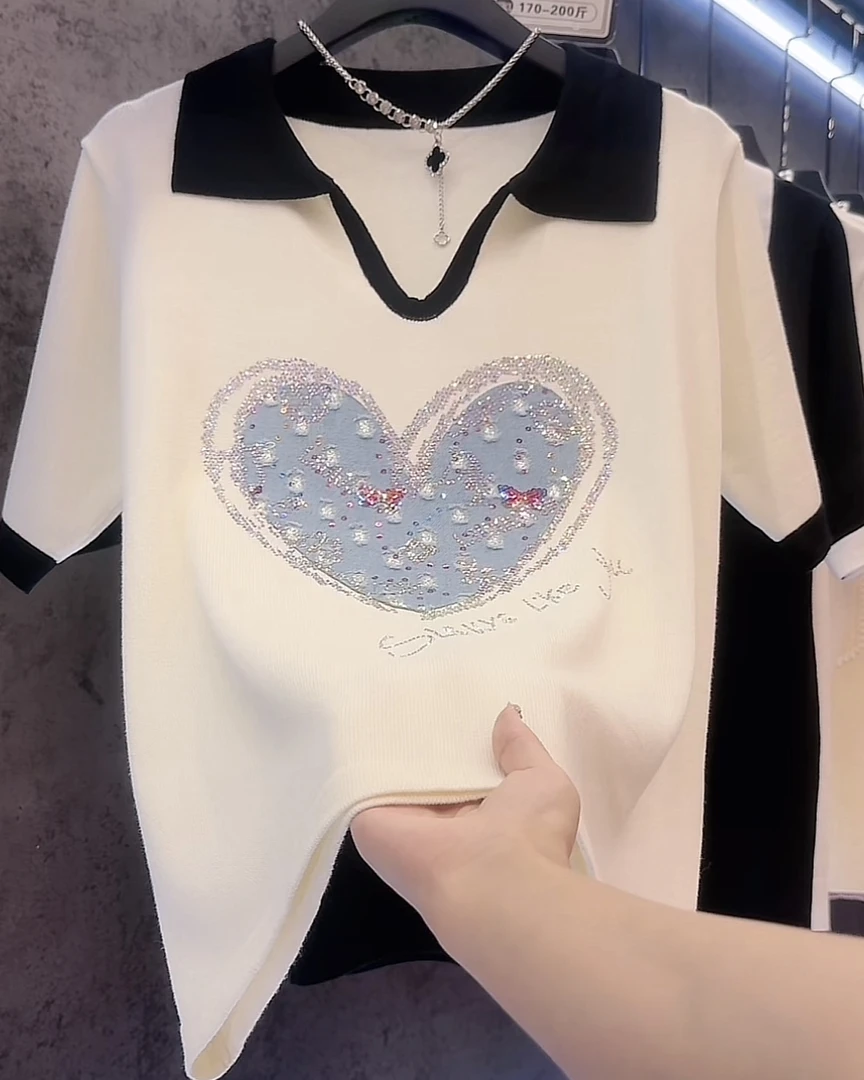 【定制大码女装80-200斤】时尚烫钻爱心减龄百搭女夏显瘦上衣1938