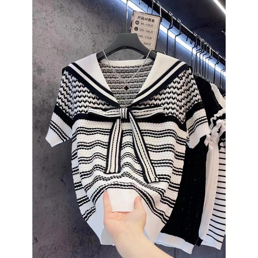 【定制大码女装80-200斤】蝴蝶结显瘦时尚百搭条纹镂空上衣女1972