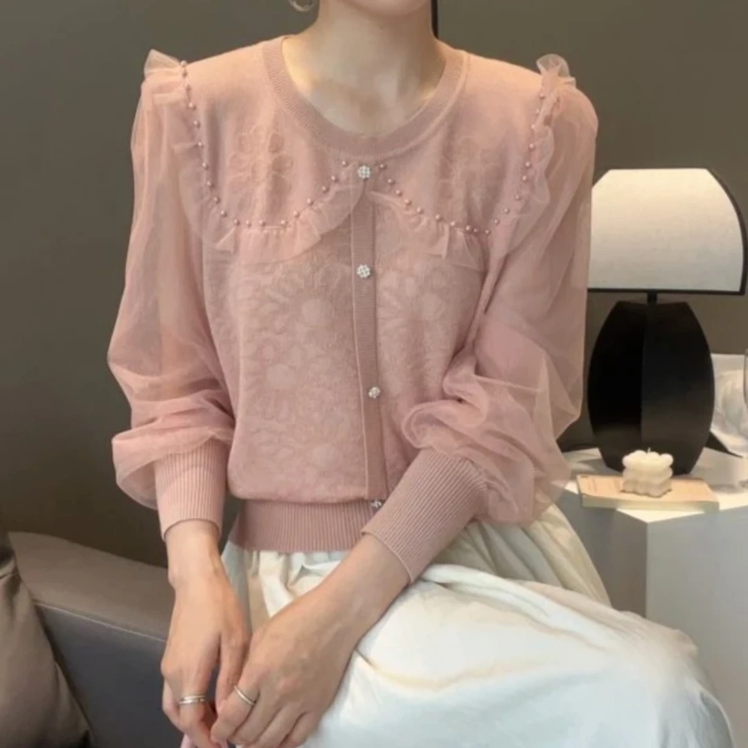 【定制大码女装80-200斤】钉珠气质温柔显瘦荷叶领假开衫上衣1757