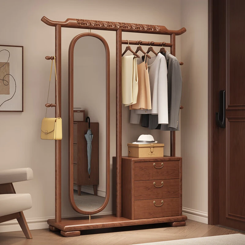 新中式实木挂衣架落地卧室家用带旋转镜子一体衣帽架全身镜置物架