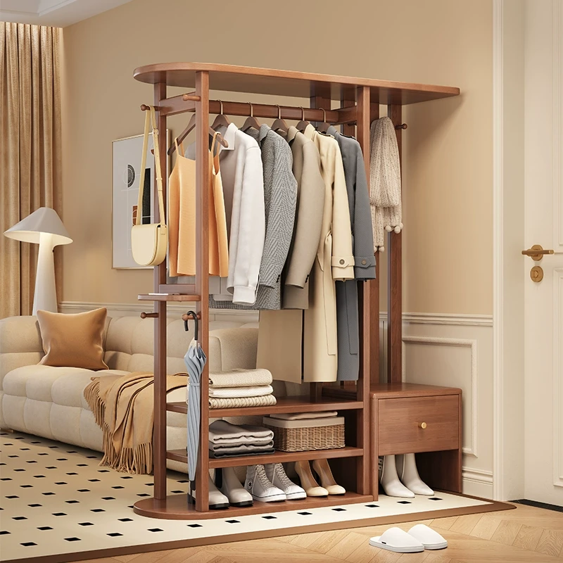 包安装实木挂衣架落地卧室客厅进门简约衣帽架带抽屉收纳置物鞋架