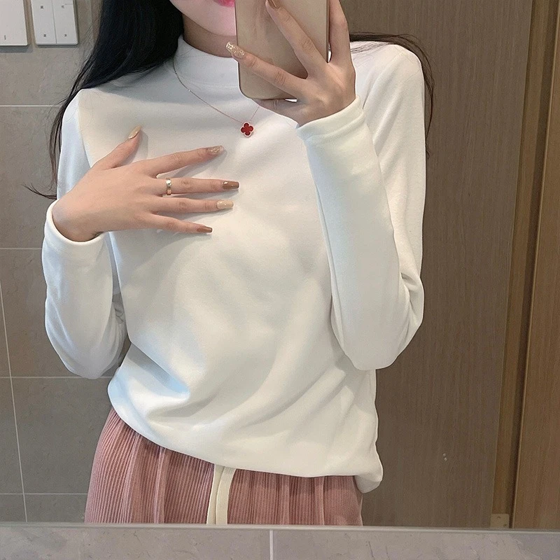 【高品质】磨毛半高领修身长袖T恤女洋气显瘦秋冬内搭打底衫ins