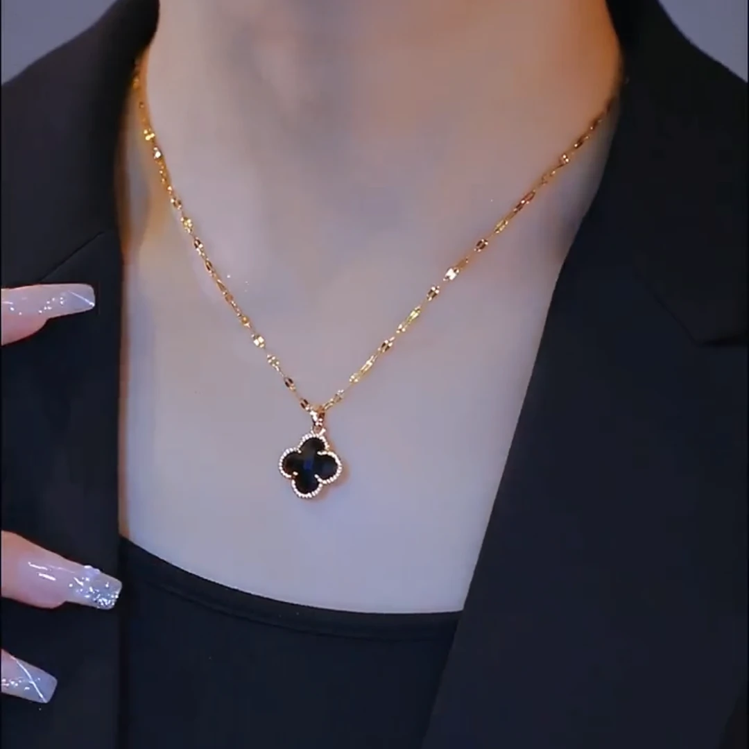 钛钢项链 小众网红毛衣链黑色经典四叶花项链女气质双面轻奢百搭