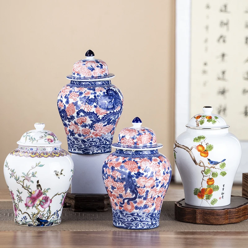 青花釉里红将军罐密封罐储物罐一罐多用