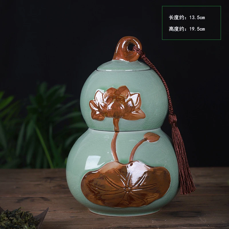双层葫芦陶瓷茶叶罐密封罐储物罐一罐多用茶仓