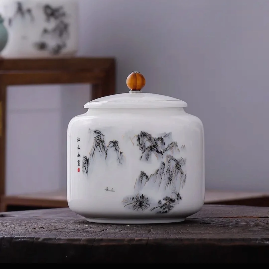 羊脂玉江山如画白瓷中式手工礼盒装茶叶罐密封罐储物罐一罐多用