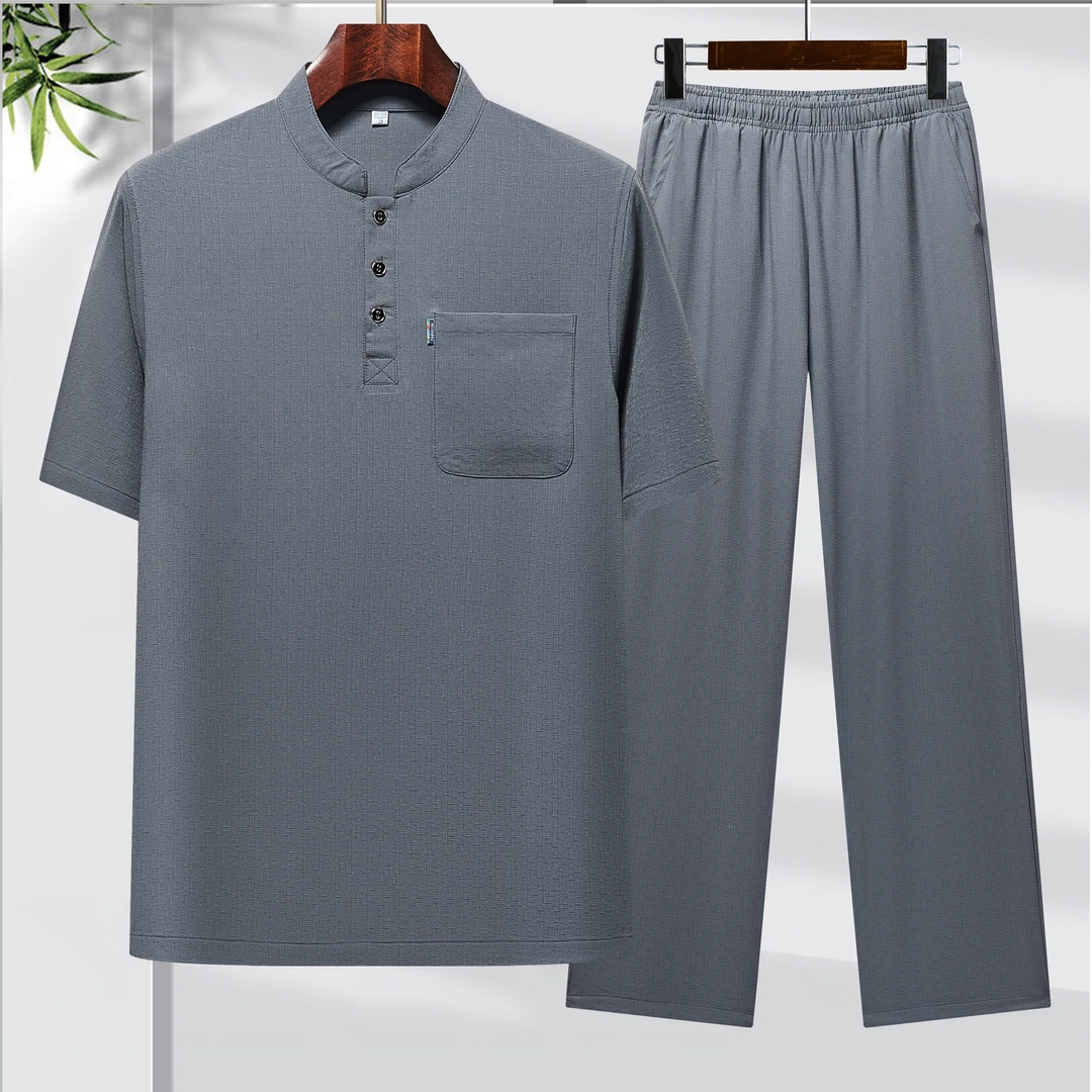 中老年夏季男士薄款休闲中国风爷爷装半袖宽松短袖套装老年人大码