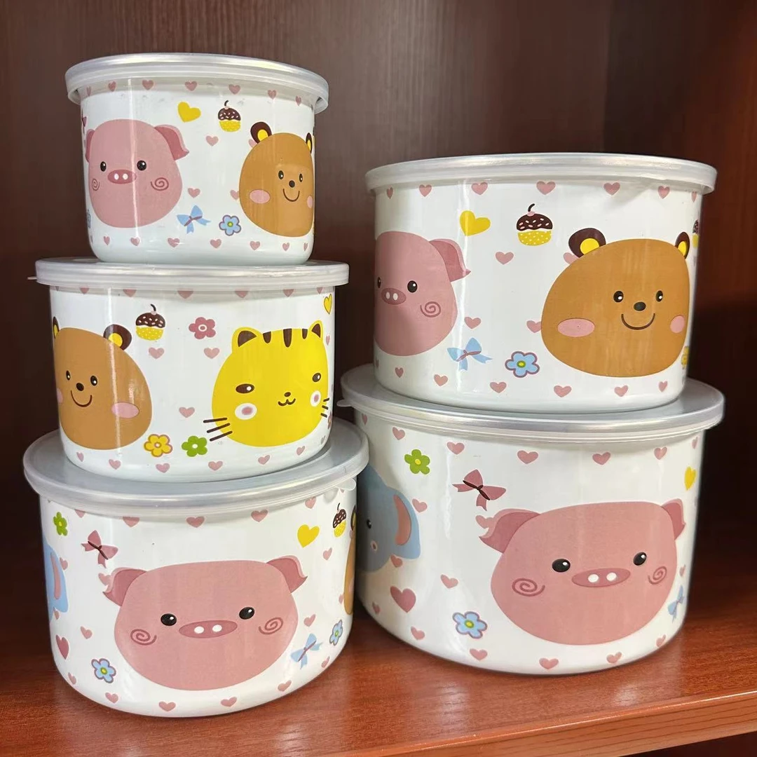 珐琅搪瓷加厚保鲜盒五件套卡通动漫密封罐五件套可加热