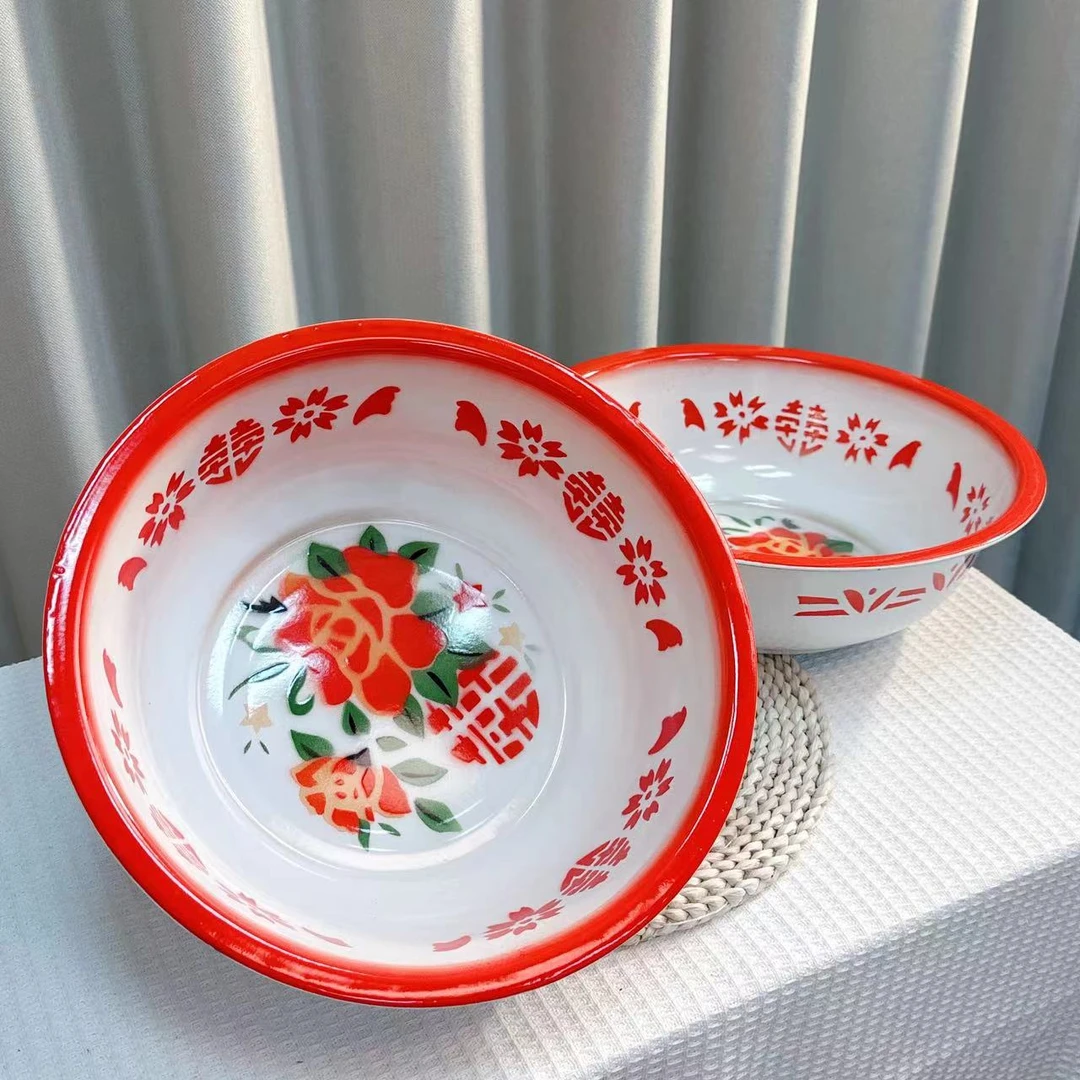 搪瓷32CM口径怀旧老式大红盆洗脸盆揉面和陷不沾盆到手两个