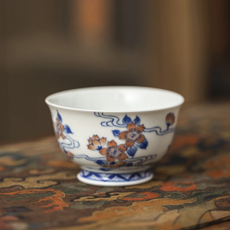 主人杯陶瓷青花斗彩菊花撇口杯矮茗杯茶杯个人高端功夫茶具品茗杯