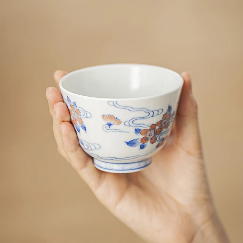茶诵主人杯单杯柴窑青花斗彩菊花圆融杯 中功夫茶杯男士个人杯