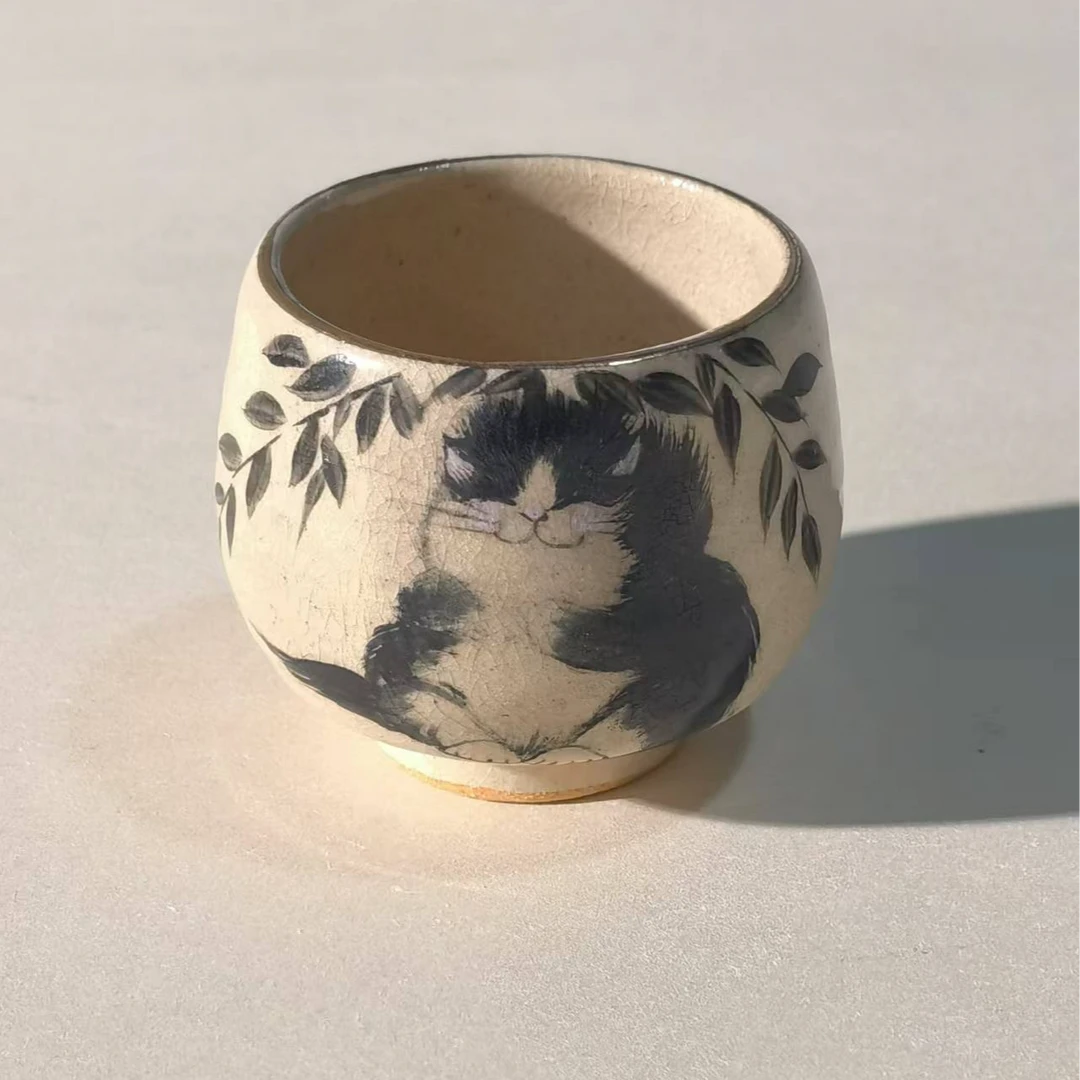 复古陶瓷手绘一人饮个性猫咪诗文主人杯对杯手捏禅定杯创意茶杯