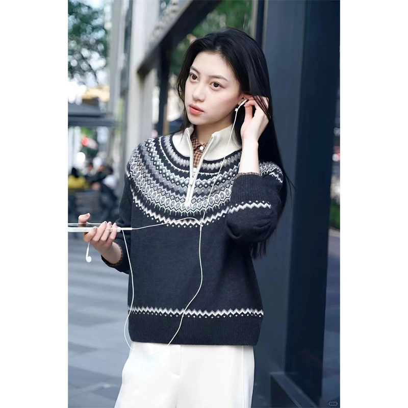 费尔岛新款半拉链软糯套头针织衫女休闲宽松复古上衣30242