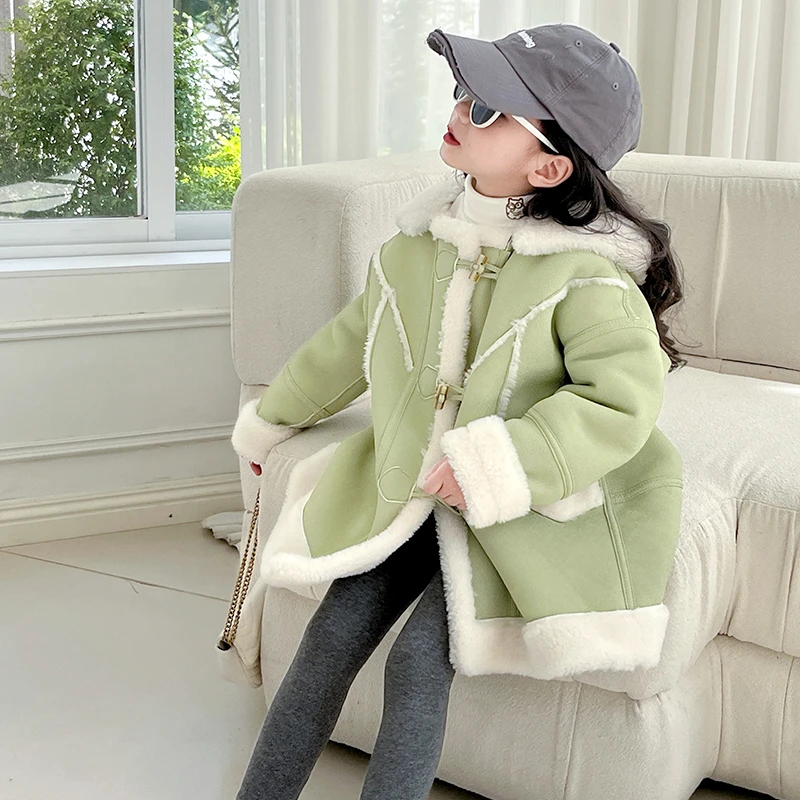 韩版儿童绵羊毛外套带帽男孩皮草女孩上衣宝宝真羊毛童装冬季保暖