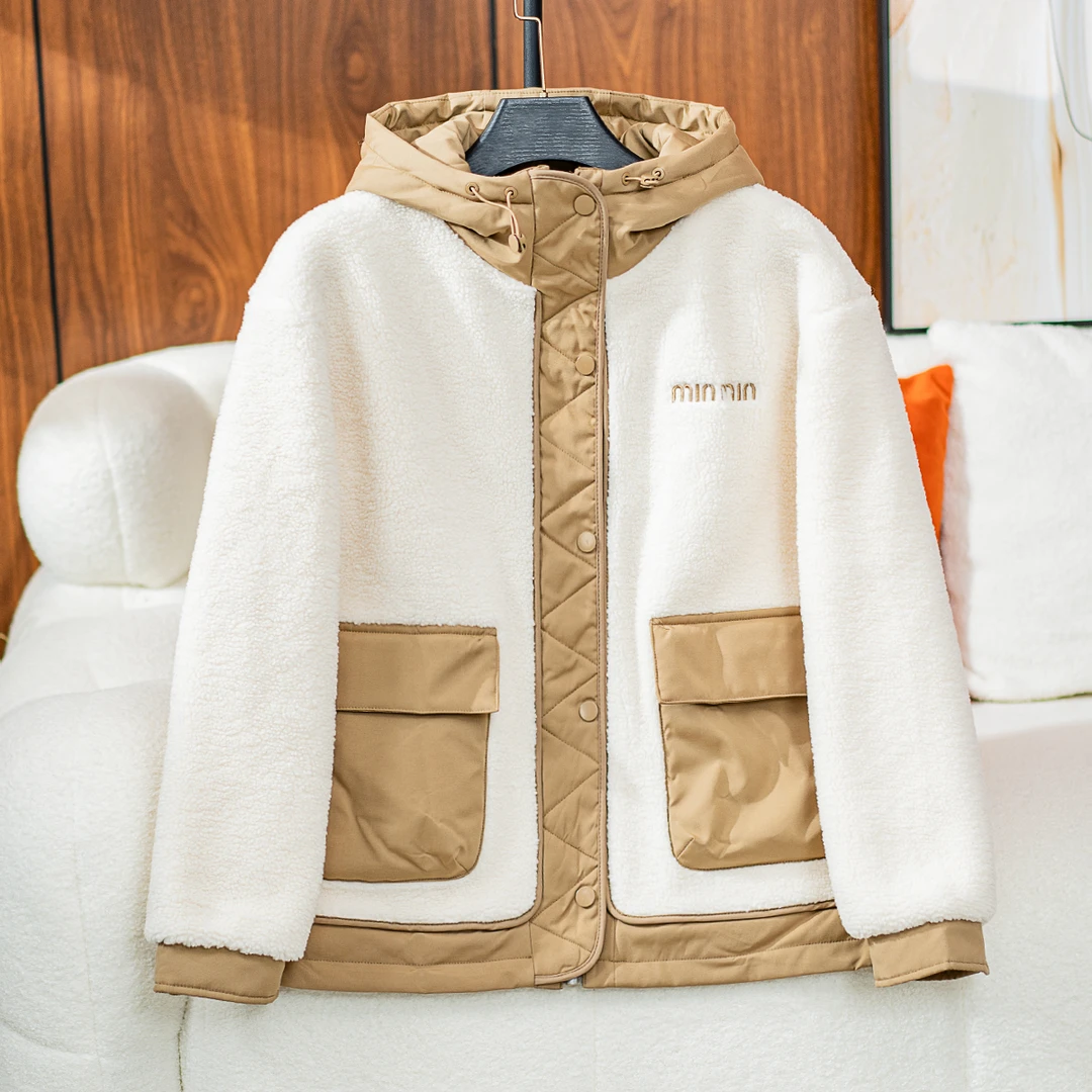 连帽拼接女冬季外套加棉加厚宽松设计感大码棉服上衣