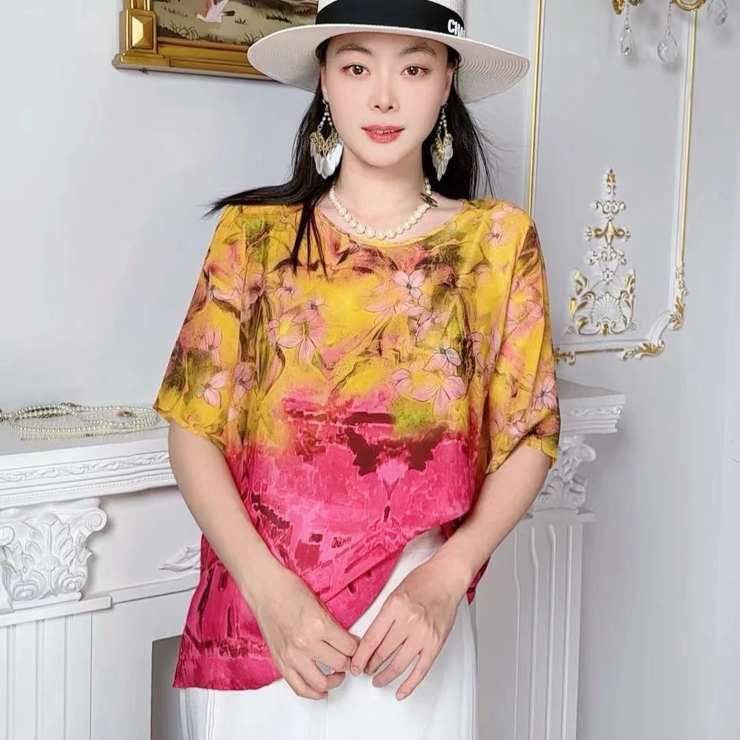 多米拉S024黄红渐变显瘦上衣夏季小衫时尚百搭印花圆领休闲气质