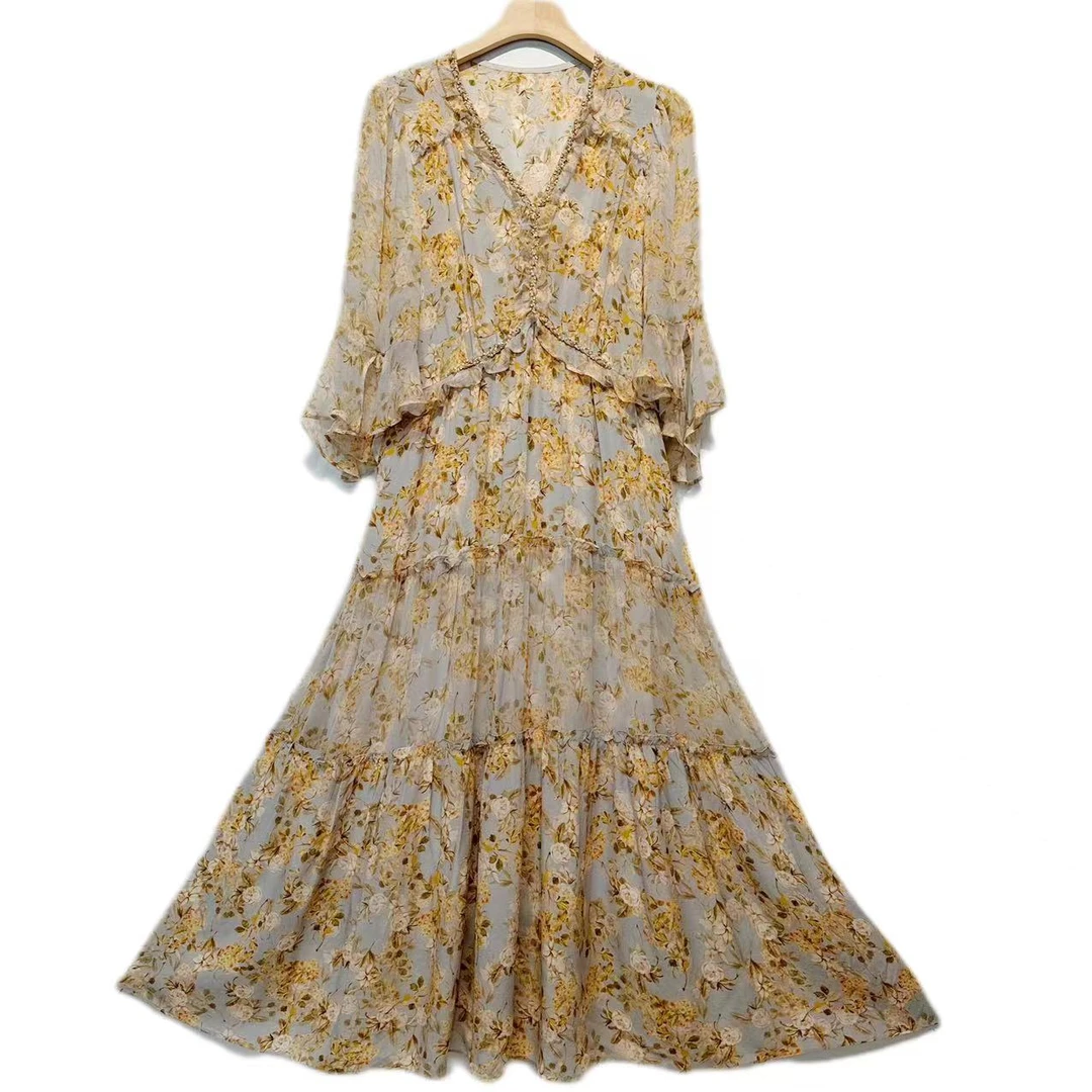 【多米拉】00024-2高端精致桑蚕丝宽松连衣裙气质收腰印花轻奢优雅