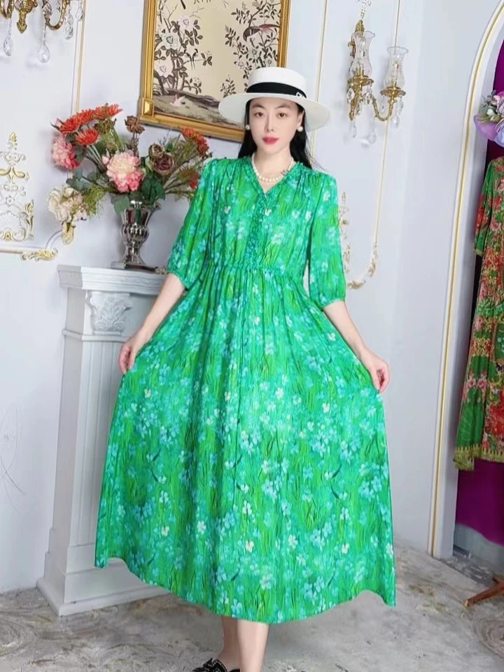 【多米拉】12724莫奈秘密花园桑蚕丝宽松连衣裙时尚休闲春夏薄款