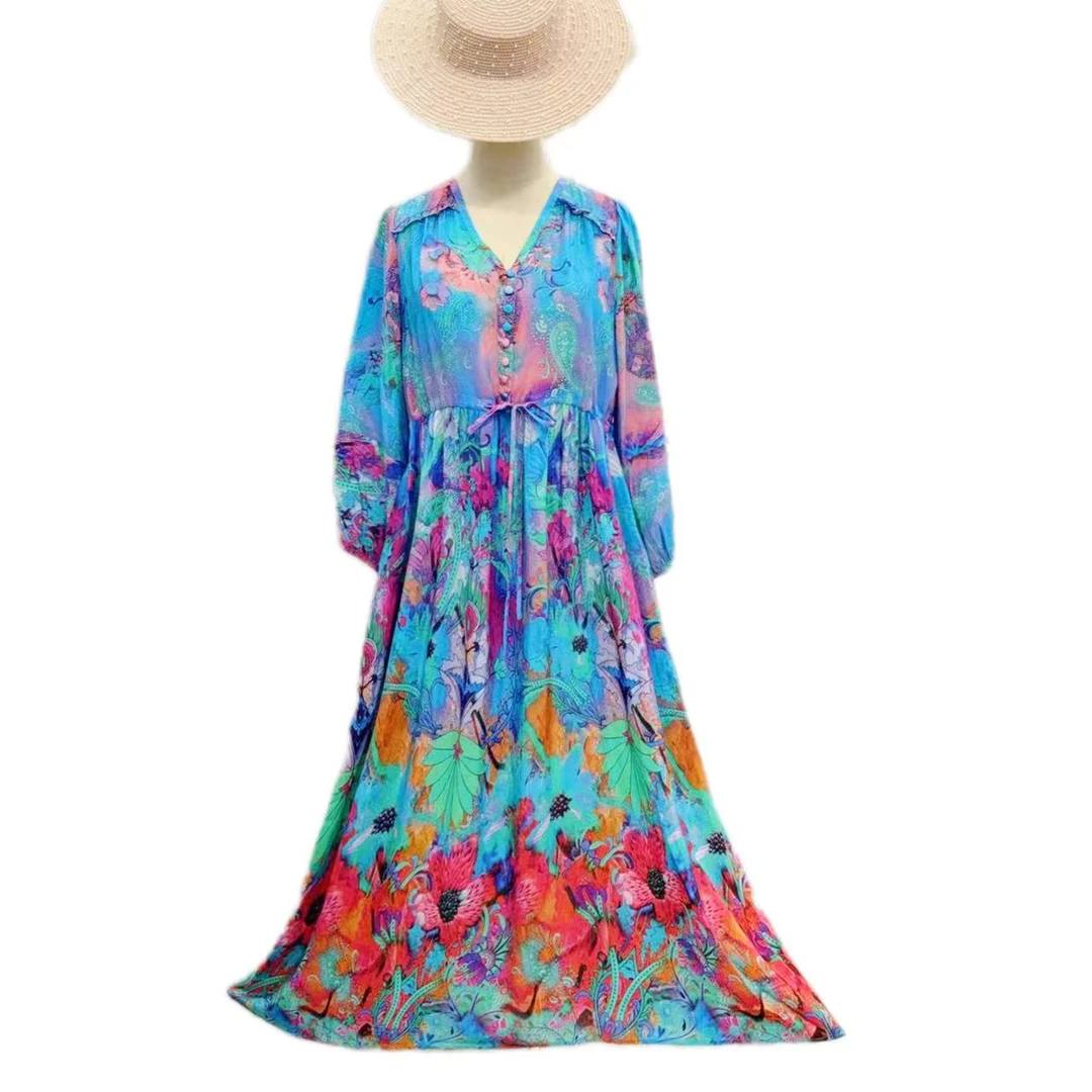 【多米拉】02024-2蓝色世界抽绳收腰显瘦春夏桑蚕丝连衣裙 时尚气质