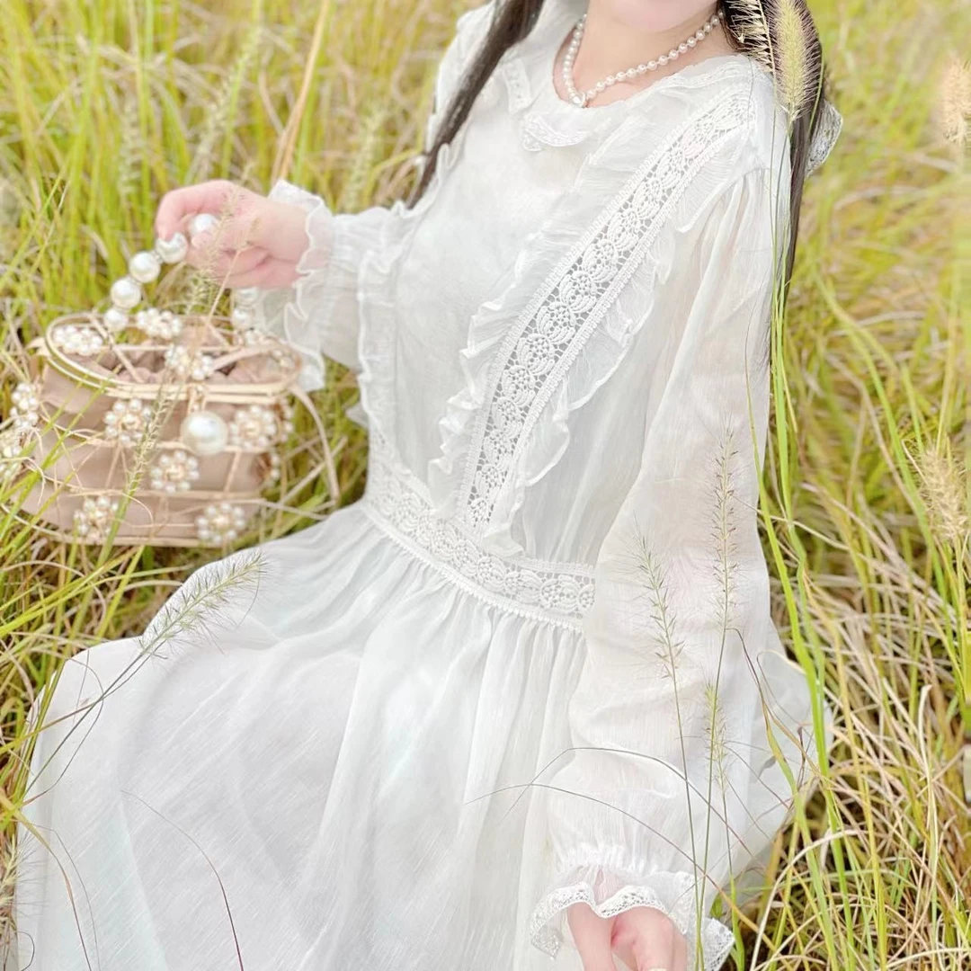 【多米拉】23822   丝麻秋冬天空之境白色气质显瘦连衣裙法式女装